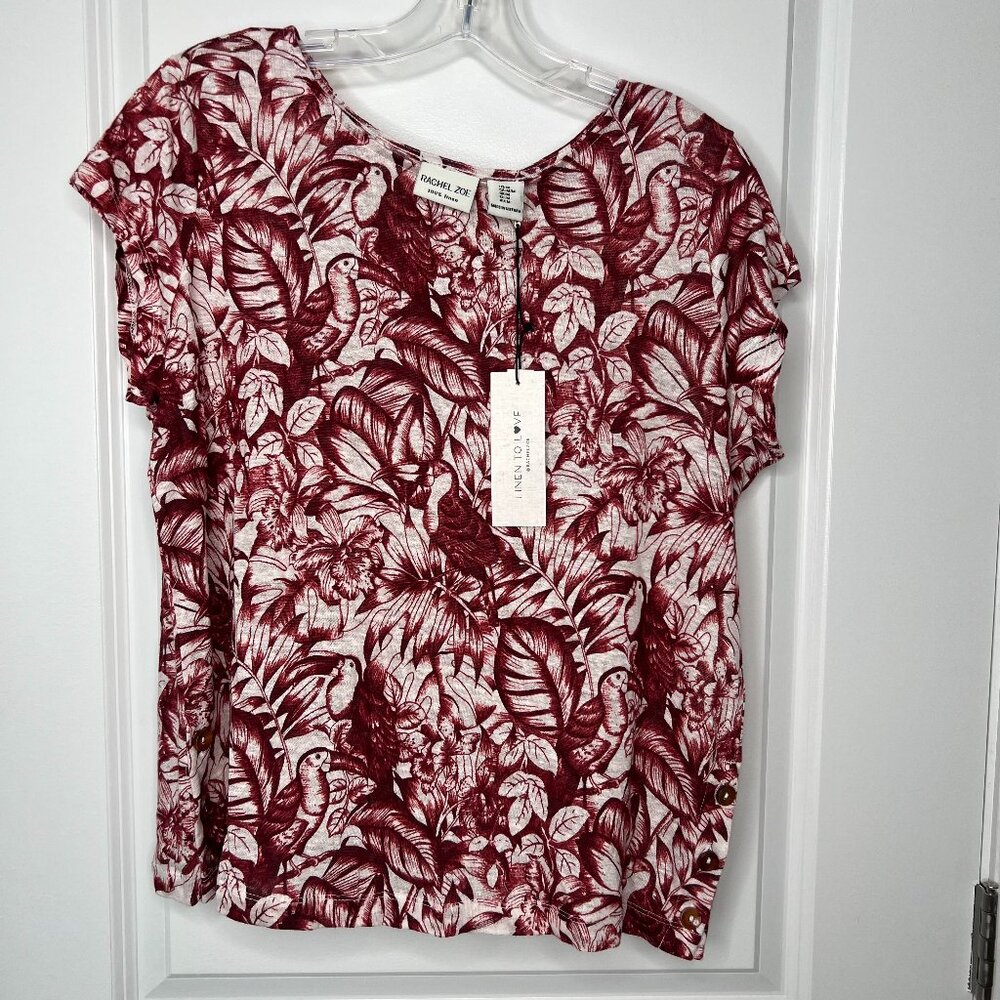Rachel Zoe Linen Short Sleeve Top Women's Size Medium NWT Summer Vibes Red White
